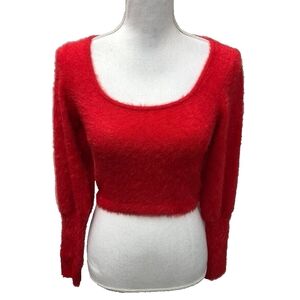 Zara Red Fuzzy Bubble Sleeve Sweater